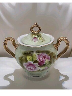 Vintage Lefton China Heritage Green With Roses Sugar Bowl With Lid Boho Tea Glam